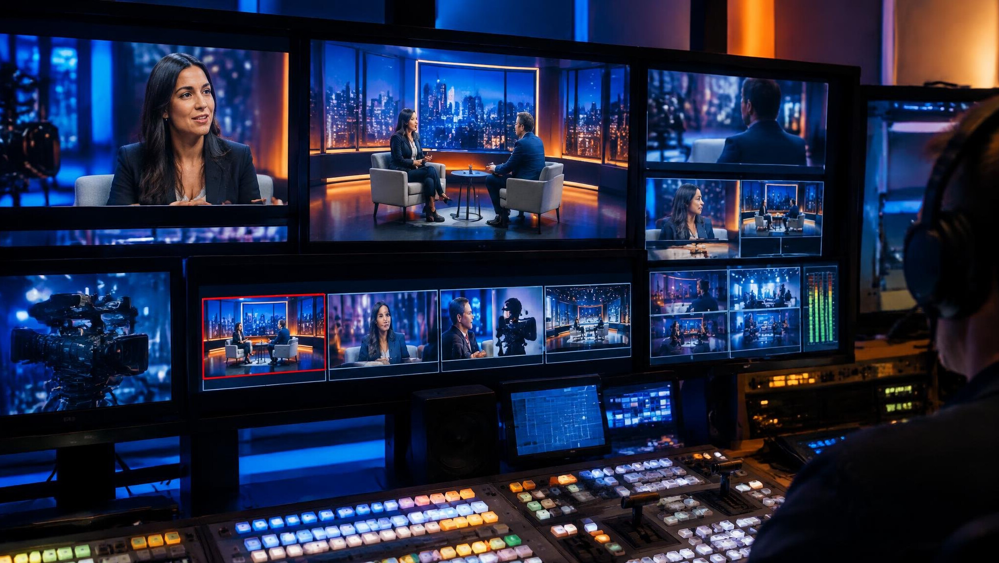 Wall of broadcast monitors displaying different camera feeds in a TV regie room